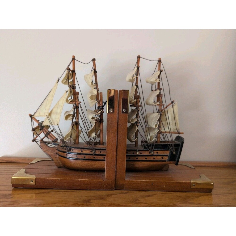 VTG Wood Schooner Model Ship w/ 12" Masts Cotton Sails - Two 6”x 6” Bookends C